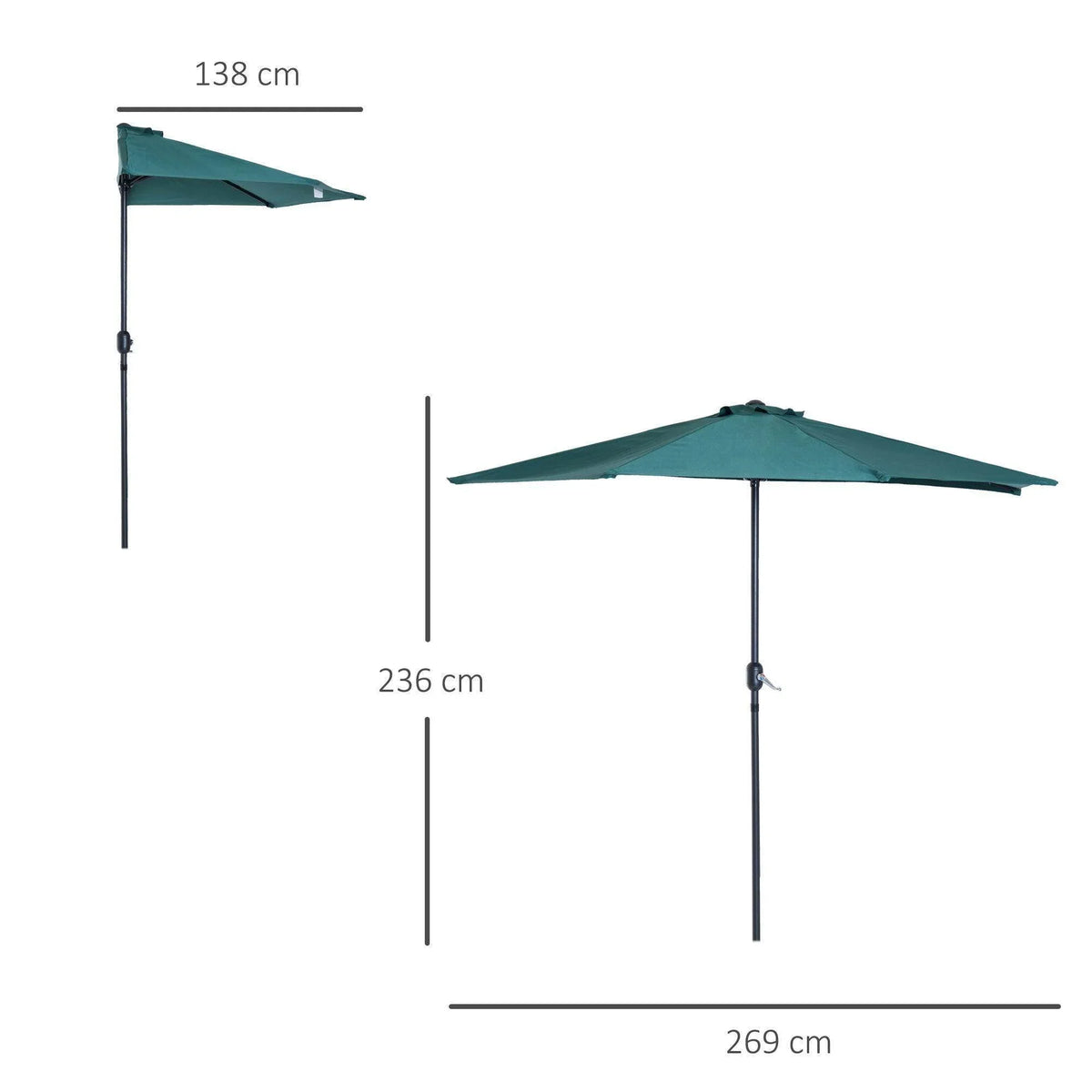 Dark green half parasol umbrella with black support poles and cantilever canopy