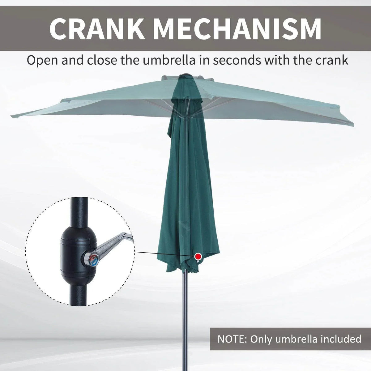 Dark green open umbrella with crank mechanism on center pole and hanging fabric skirt