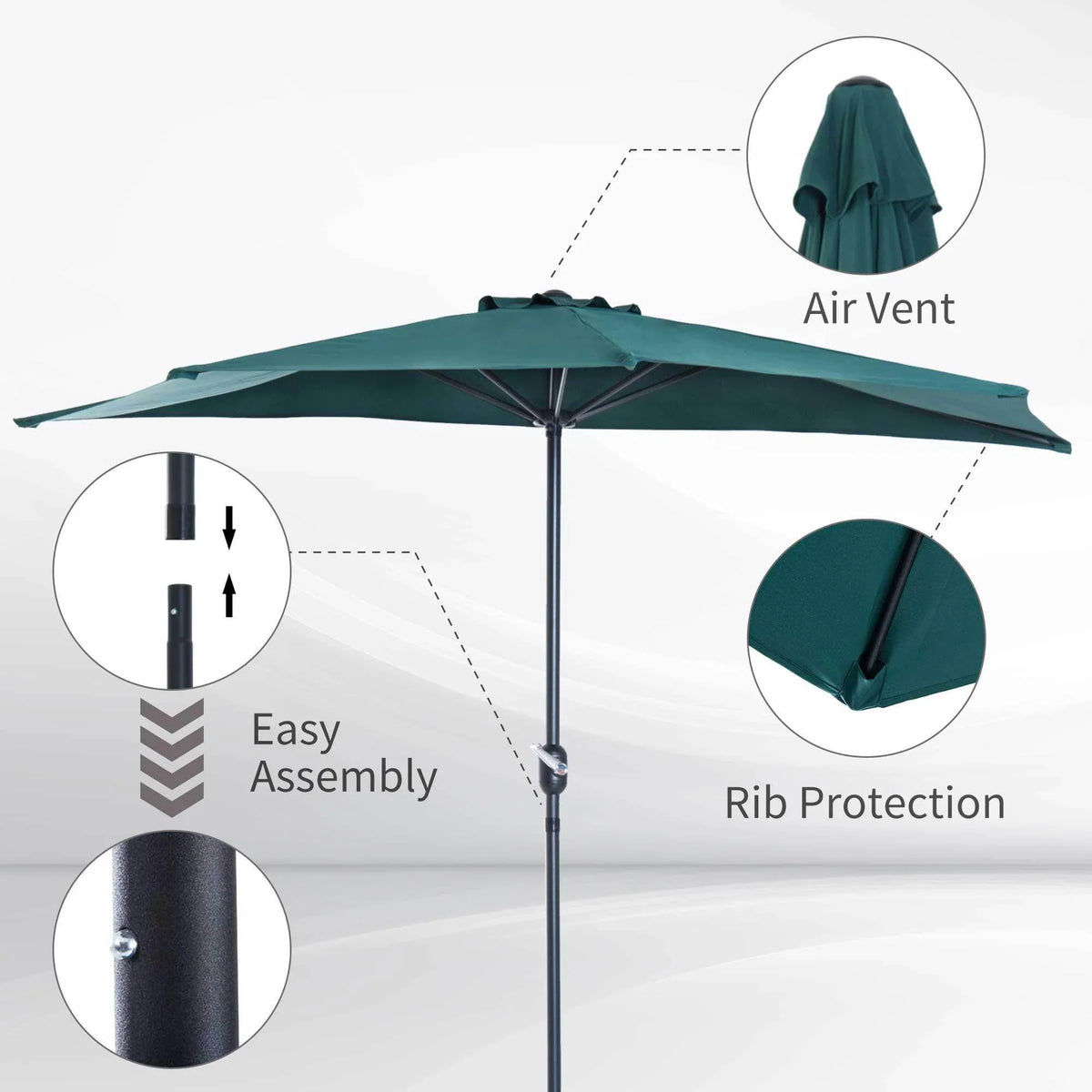 Dark green half umbrella canopy with air vent and rib protection on black pole