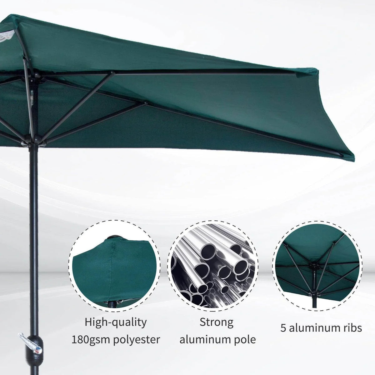 Dark green half parasol umbrella underside showing aluminum ribs and support frame