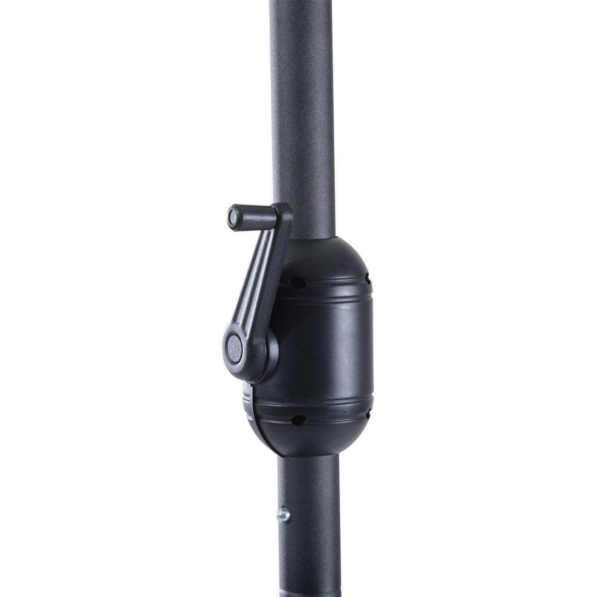 Black crank handle assembly on the center pole of a green half parasol umbrella