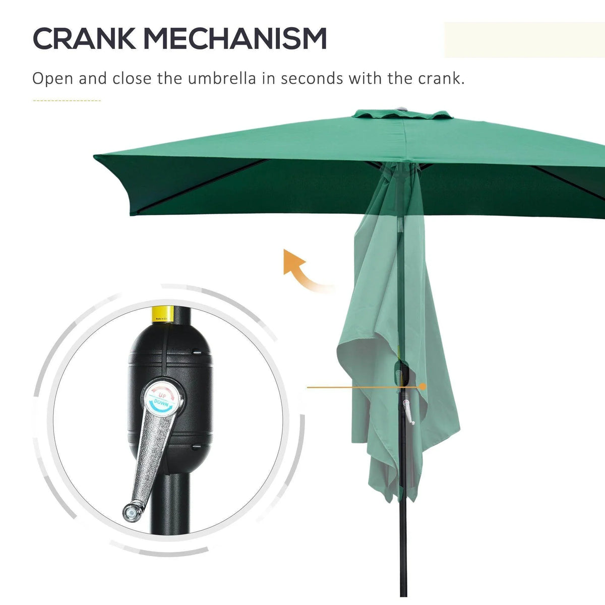 Green patio umbrella crank mechanism with central pole and hanging fabric cover