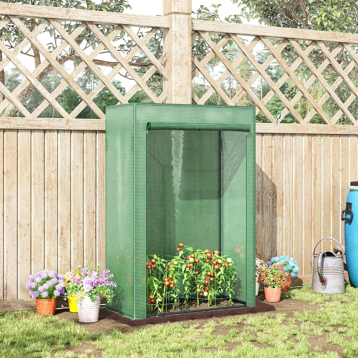 Green PE greenhouse cover with zippered door, freestanding frame