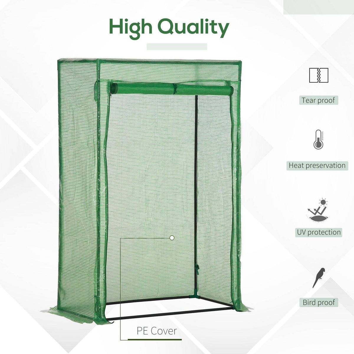 Green mesh greenhouse cover with zippered front door and PE roll-up top