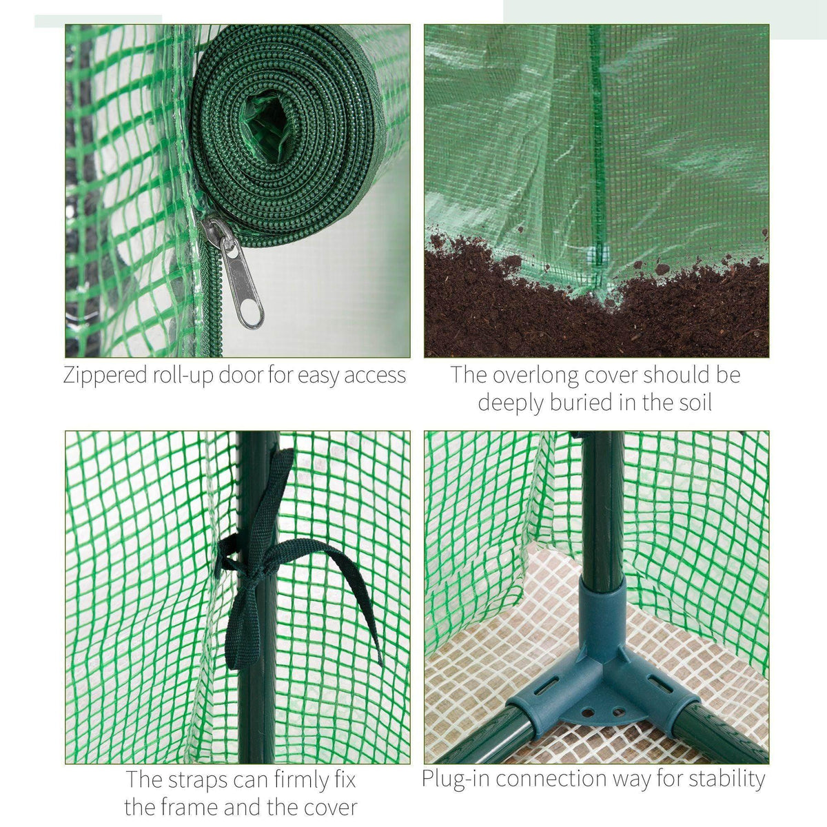 Green greenhouse cover details: roll-up zip door, securing straps, anchor base