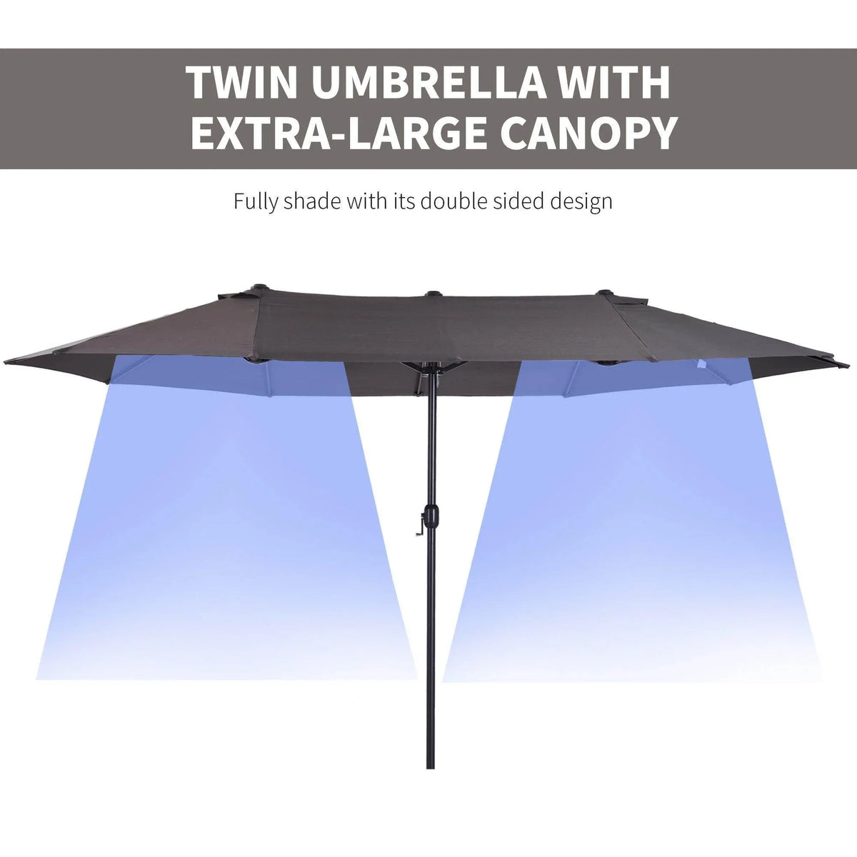 Double-sided outdoor parasol with dark canopy and blue underside panels
