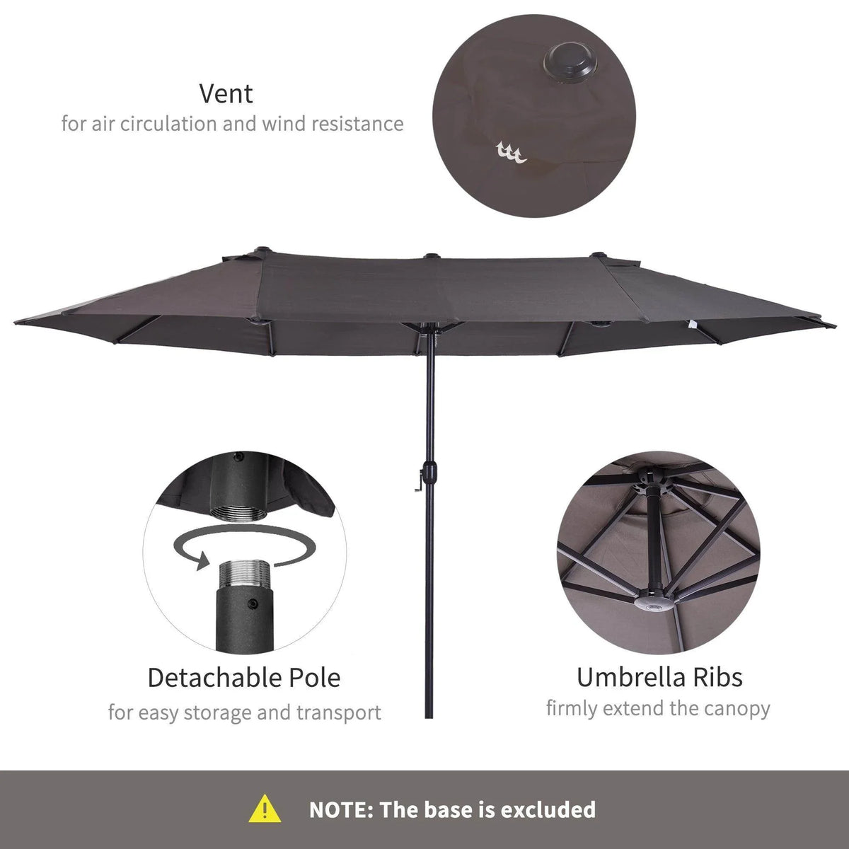 Outdoor parasol with vented canopy, detachable pole, and extended ribs