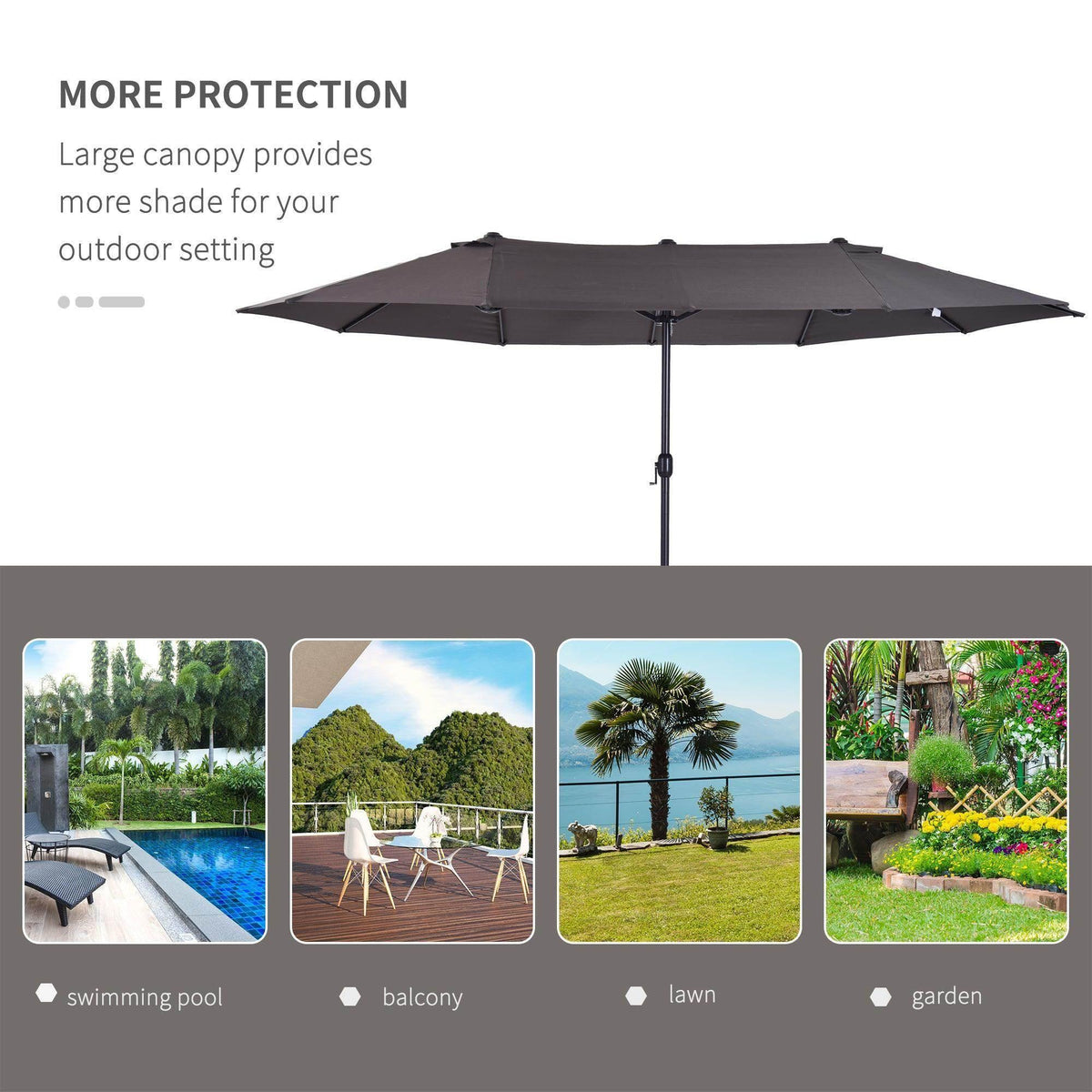 Large open patio parasol with dark gray canopy and center pole