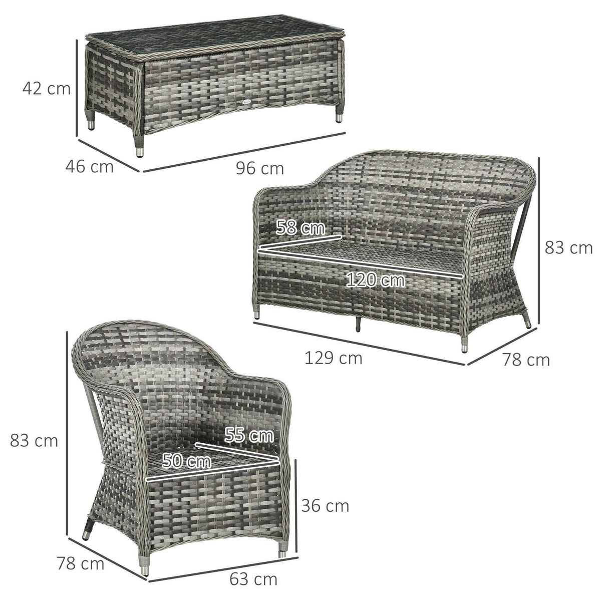 Grey outdoor sofa set layout with coffee table and sofa/chair dimensions shown