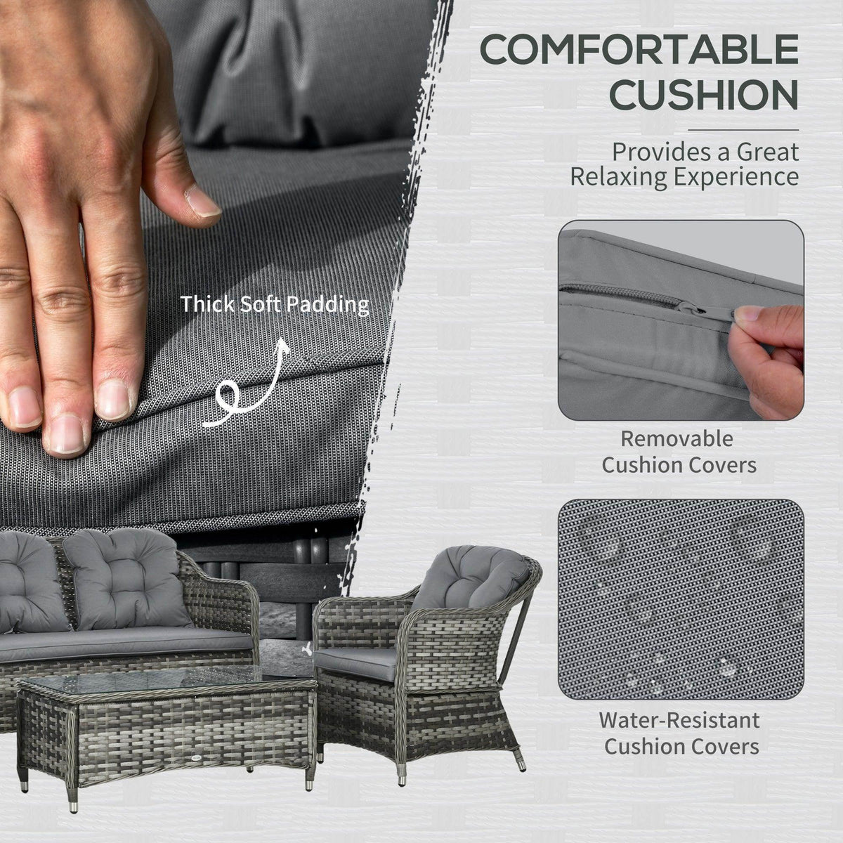 Grey outdoor sofa cushion with removable cover detail and thick padded seat