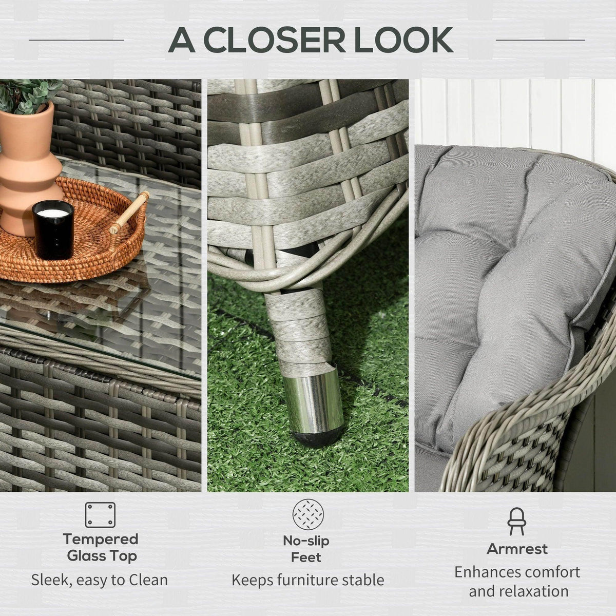 Grey wicker furniture close-up with clear tempered glass tabletop and armrest