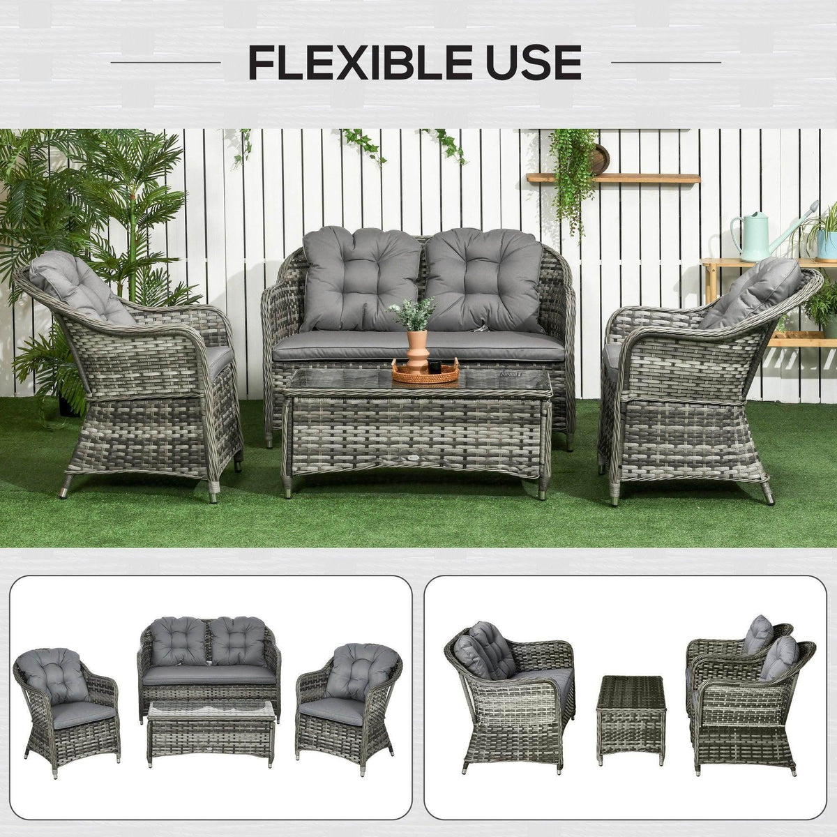 Grey 4-piece outdoor sofa set with tufted cushions and matching coffee table