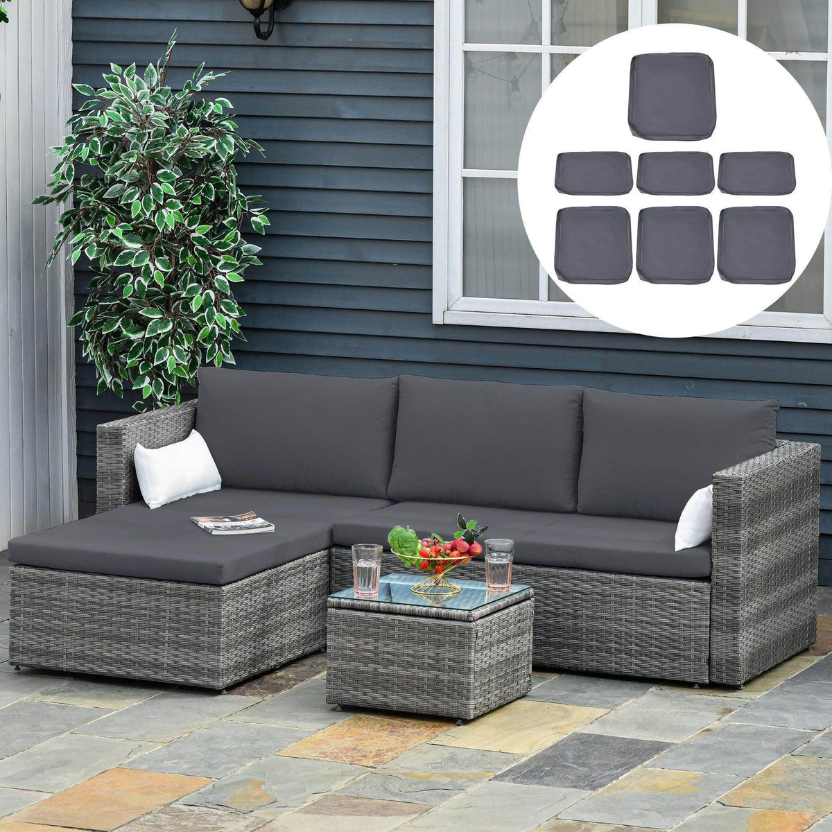 Grey patio furniture cushion cover in textured fabric, fitted rectangular shape