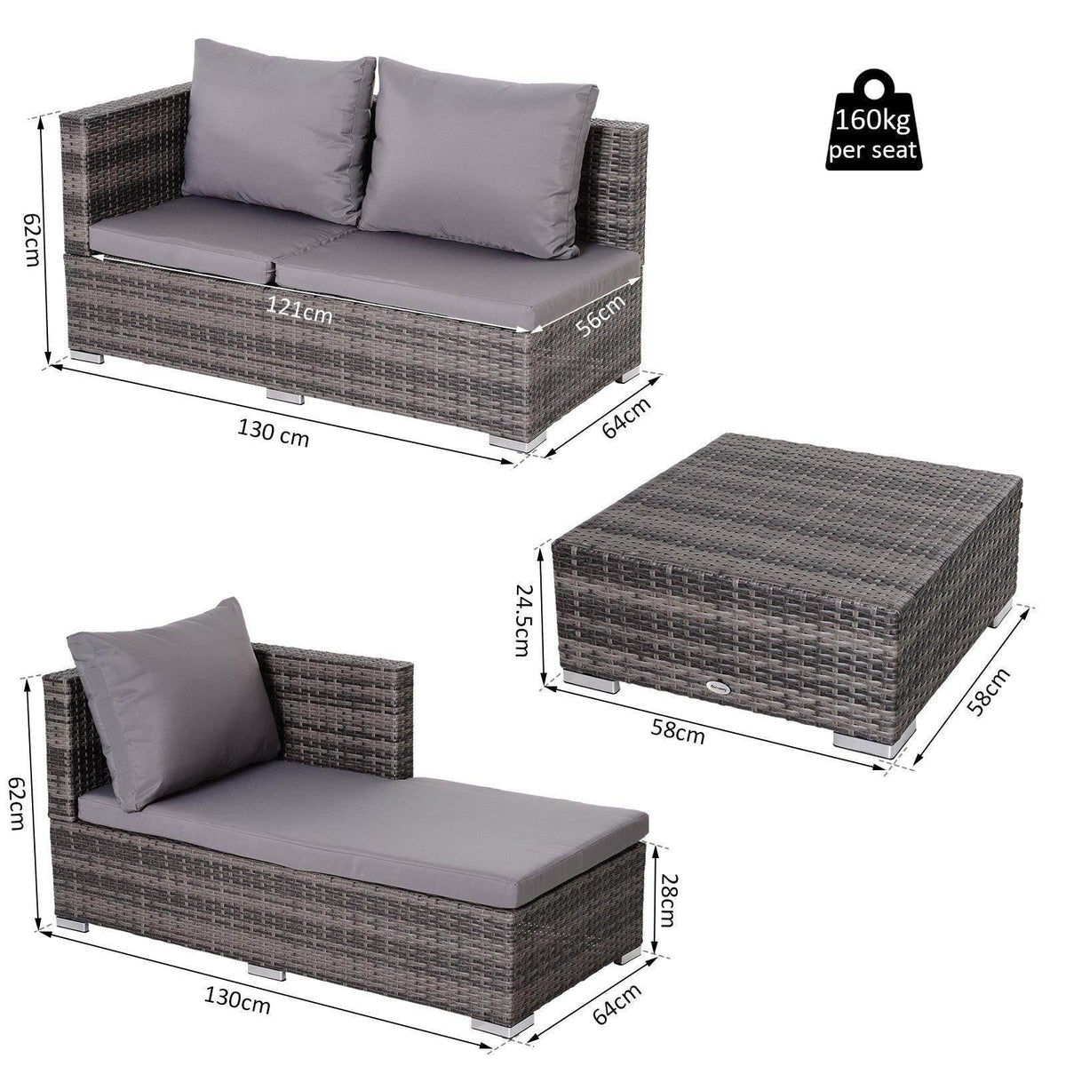 Grey rattan outdoor sofa with seat and ottoman cushions, shown with multiple size panels