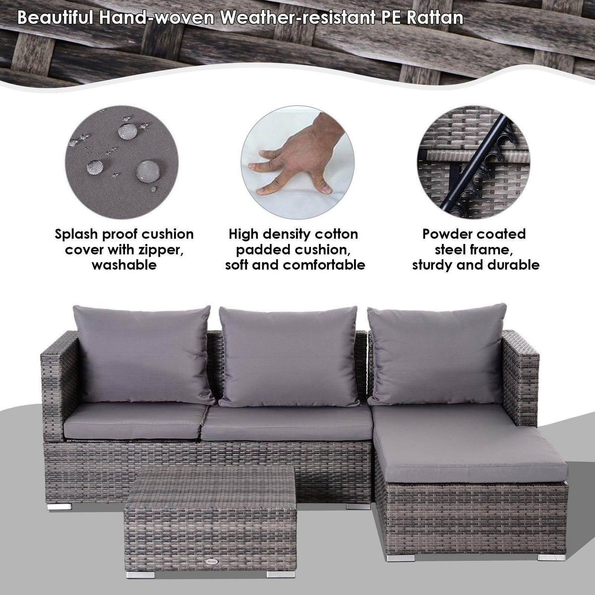 Grey rattan outdoor seating set with three back cushions and a chaise lounge section