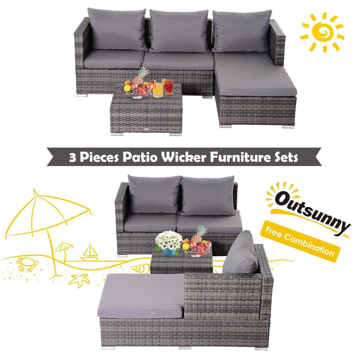 Grey rattan patio furniture set with sofa back cushions, chaise, and storage ottoman