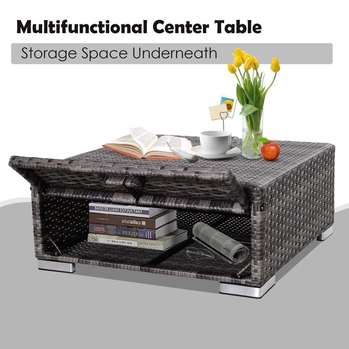 Square grey rattan center table with hinged lift top storage area