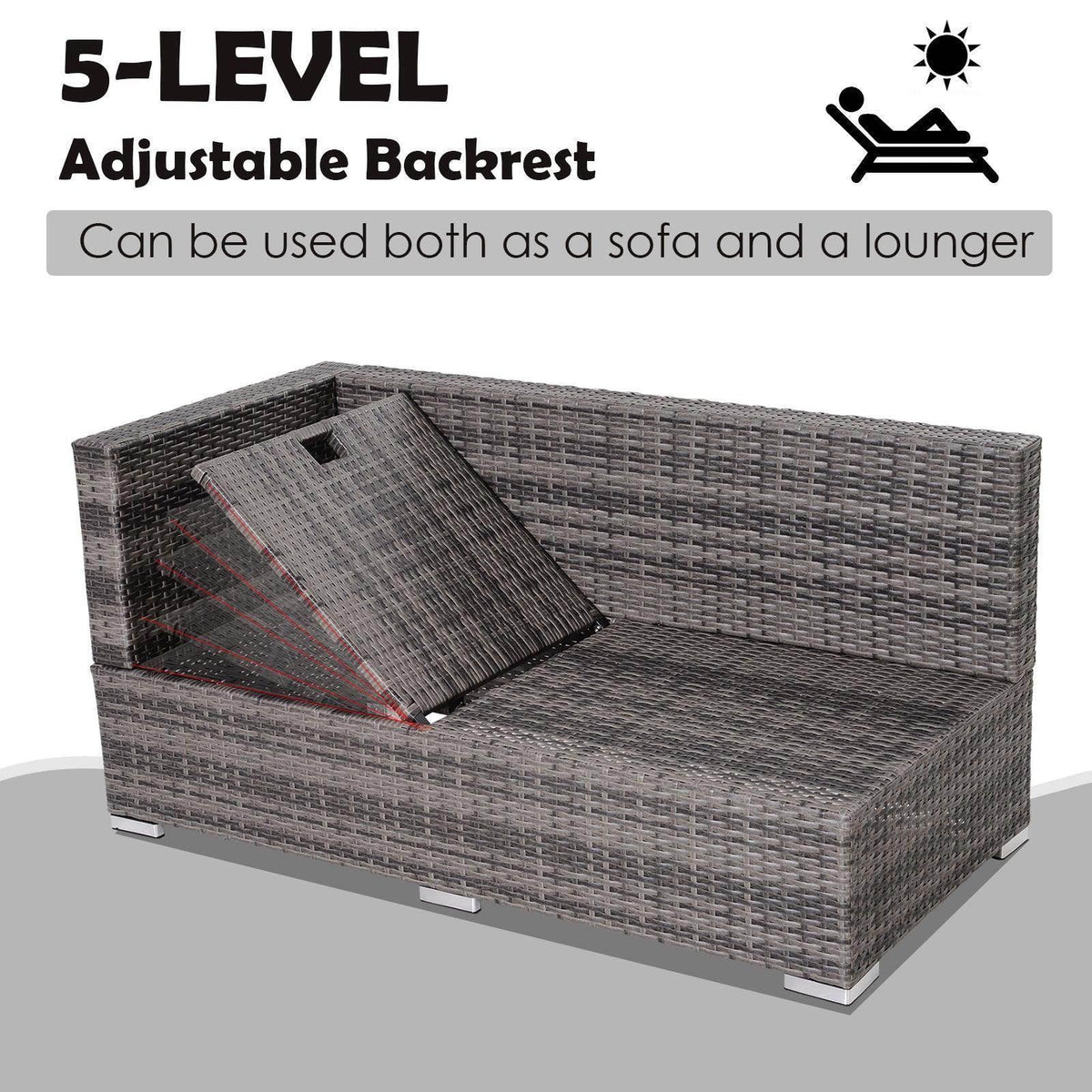 Grey rattan lounge sofa with adjustable backrest panel and cushioned seat