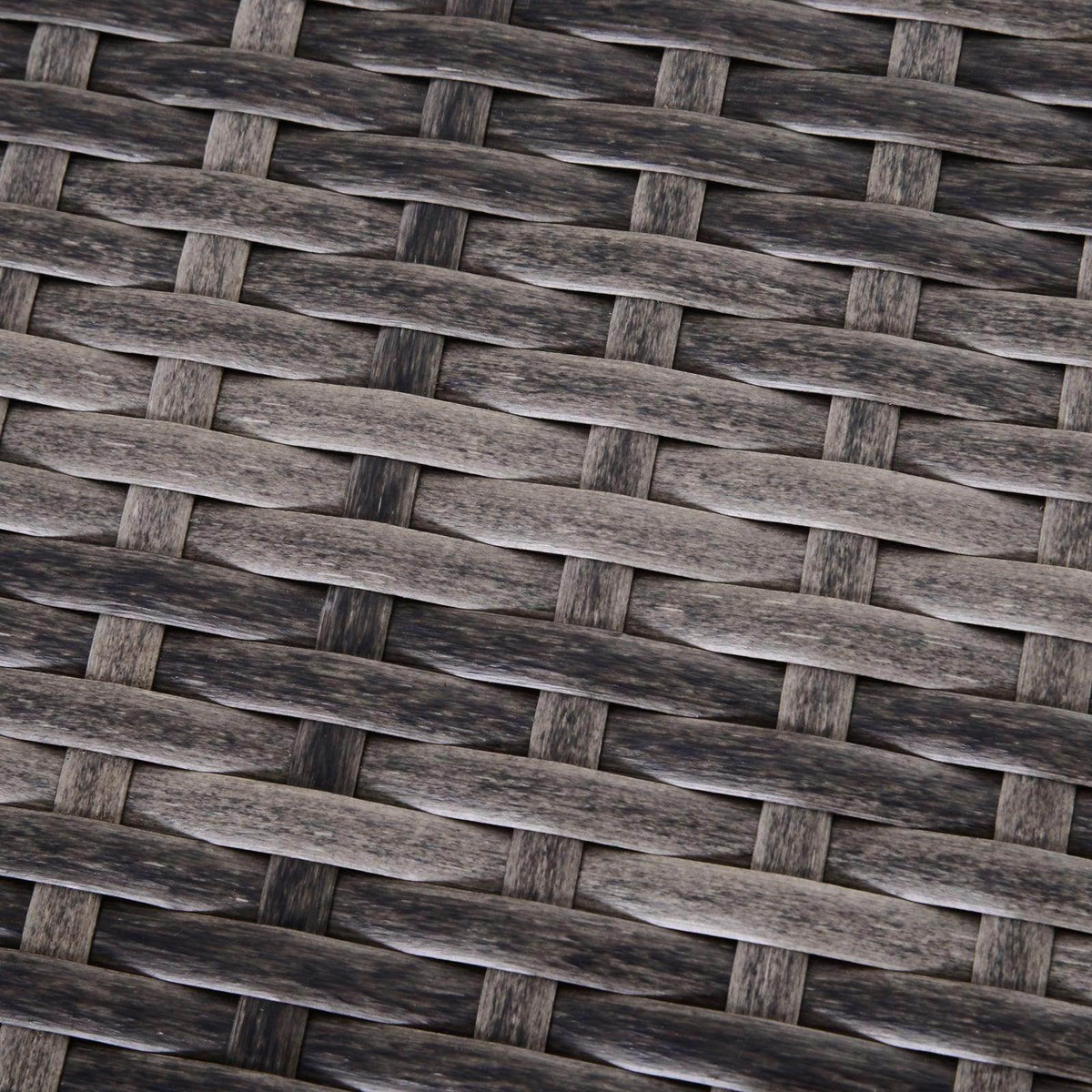 Close-up of grey woven PE rattan texture with tight basket weave pattern