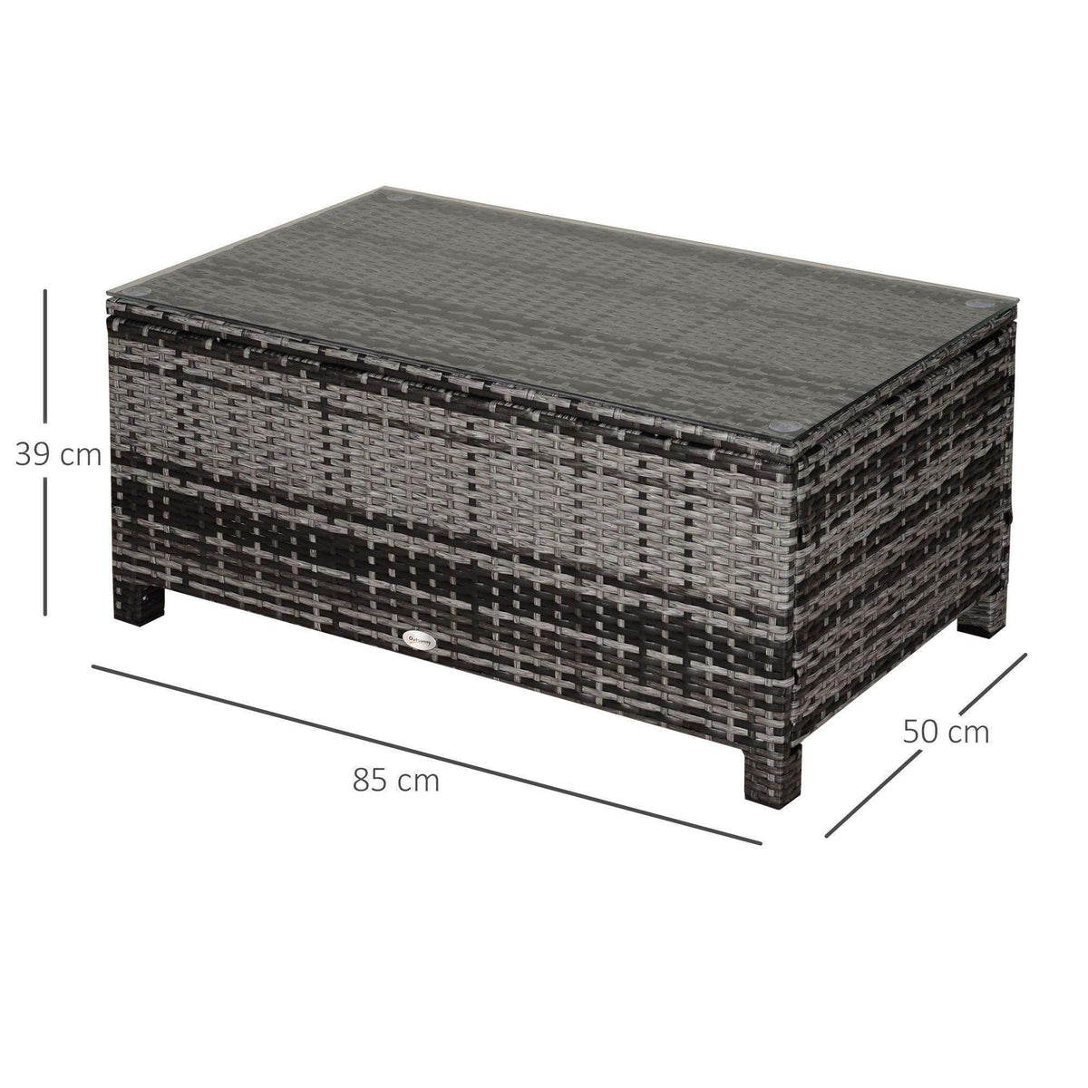 Grey rattan coffee table with tempered glass top, raised on four legs.