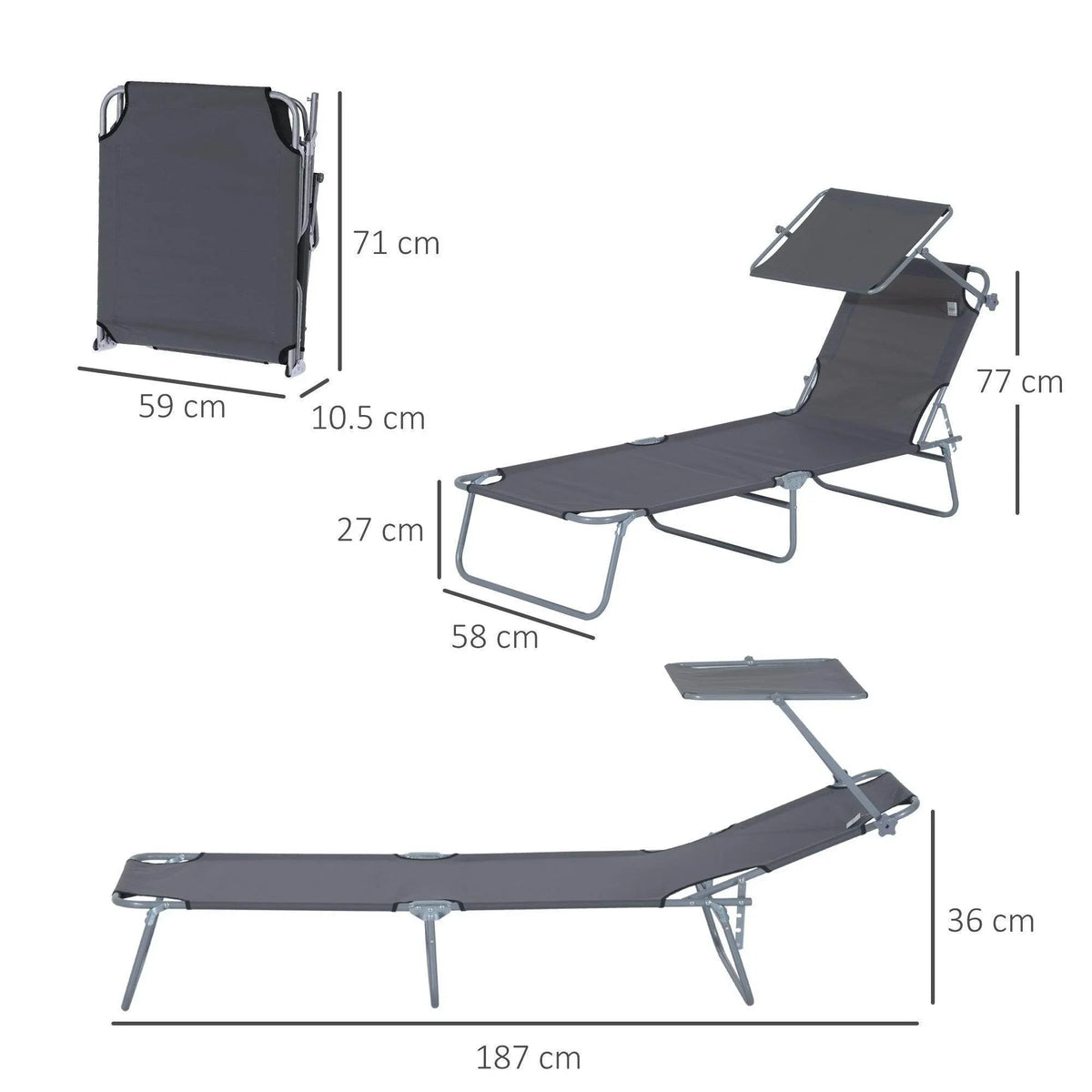 Reclining sun lounger in dark grey with adjustable backrest and folding frame