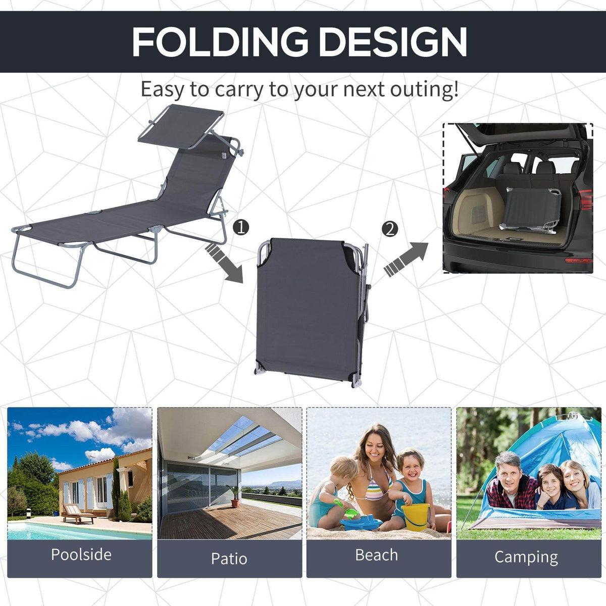 Folding reclining sun lounger with dark grey seat and backrest