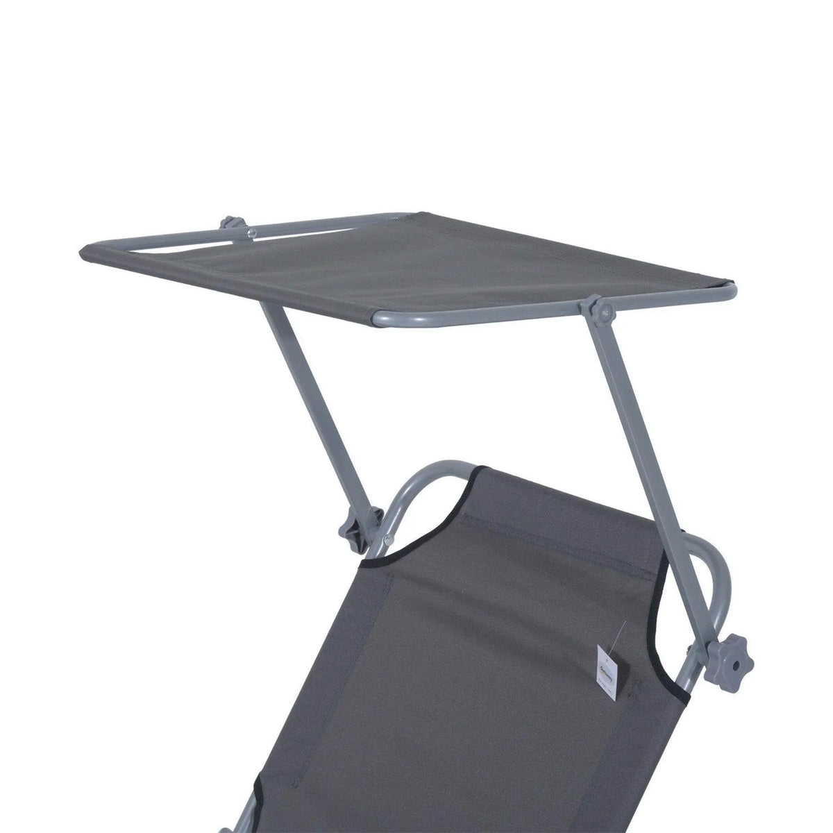 Dark grey reclining sun lounger with side armrests and attached foot base tray