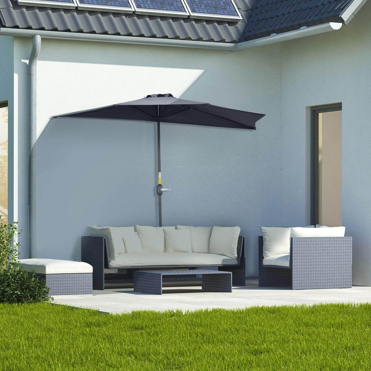 Outsunny half parasol with grey canopy, open over patio seating