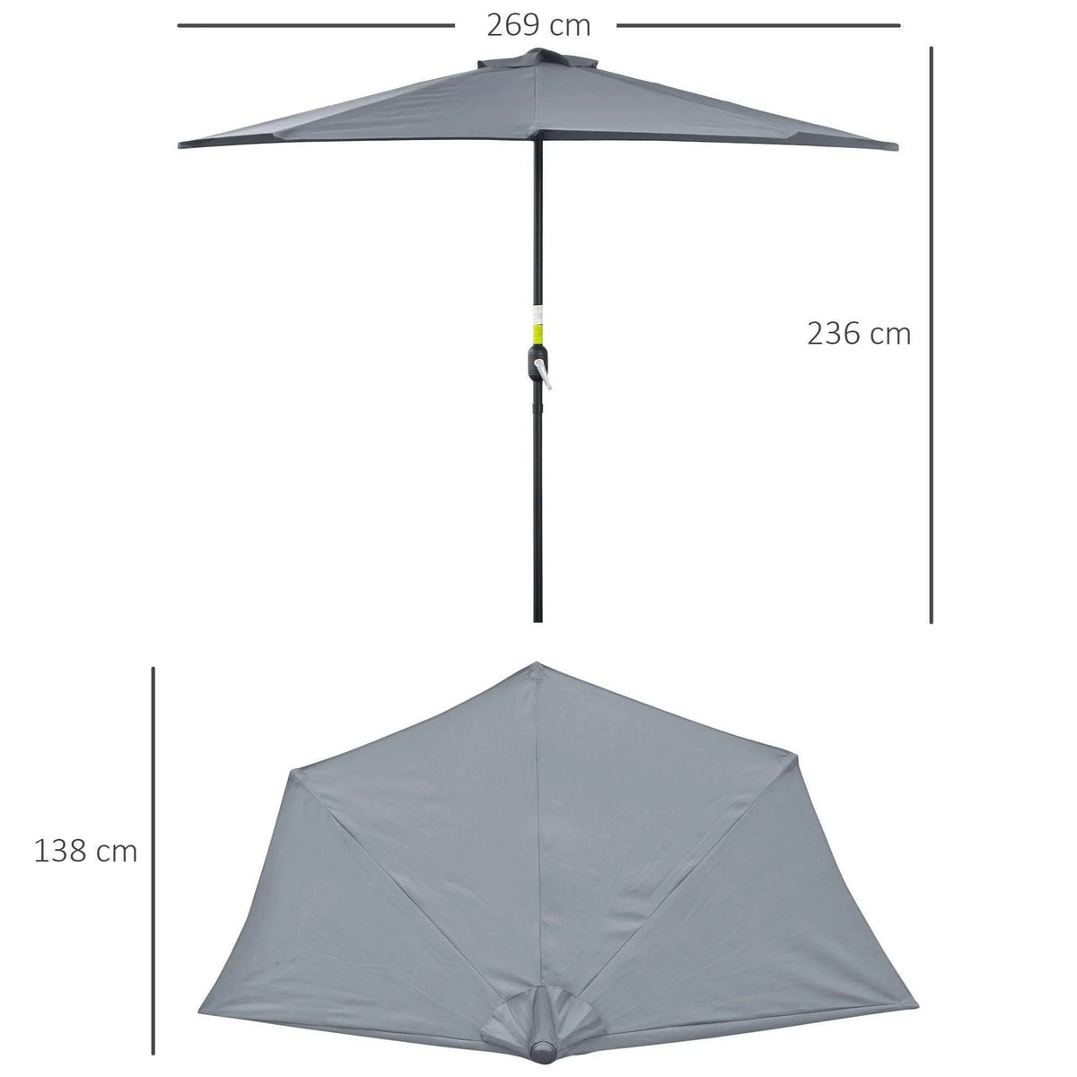 Grey half parasol with open canopy on center pole, shown with size dimensions