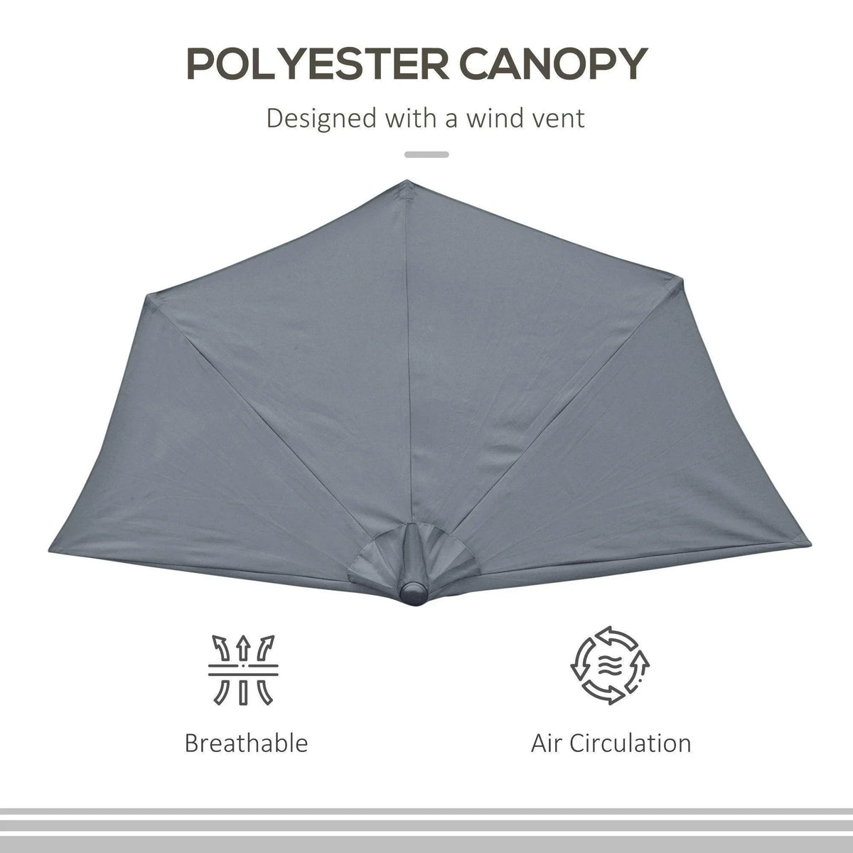 Grey half parasol canopy with vented top, open umbrella shape