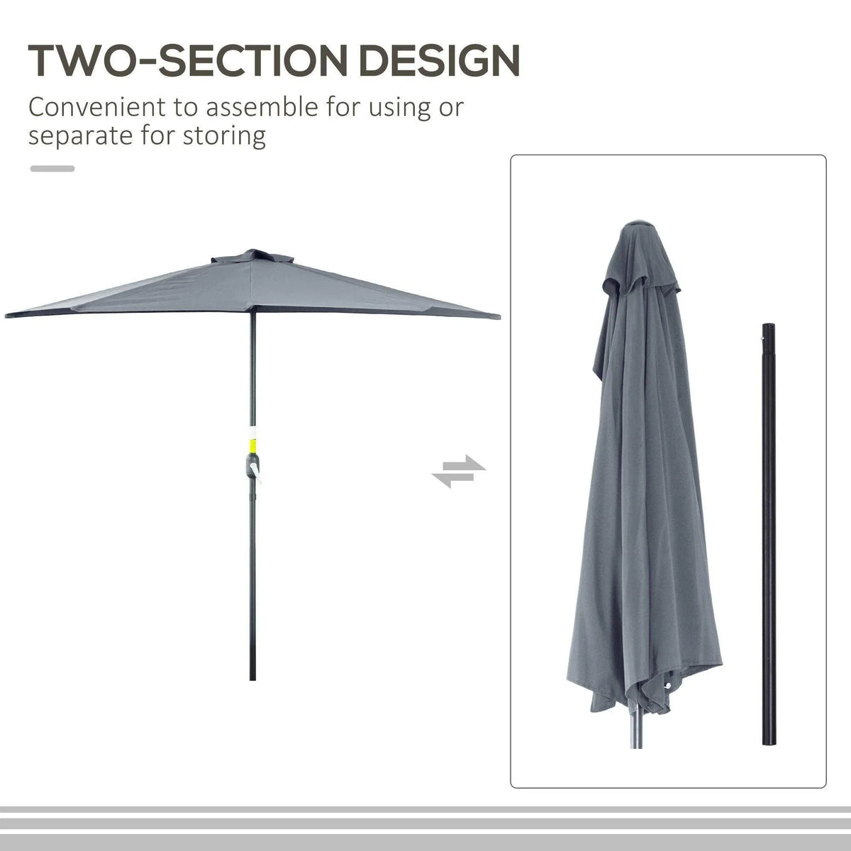 Grey two-section half parasol with open canopy and stored cover panel