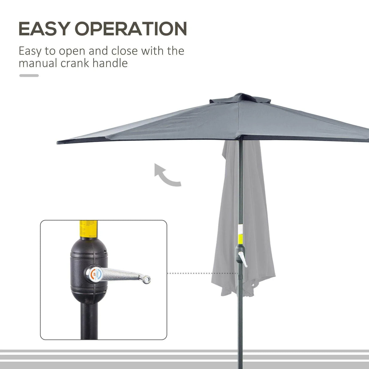 Grey half parasol with manual crank handle for opening and closing