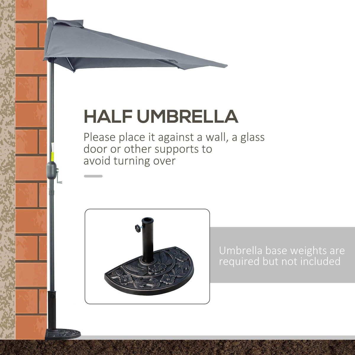 Grey half umbrella parasol pole mounted by a round base near a wall