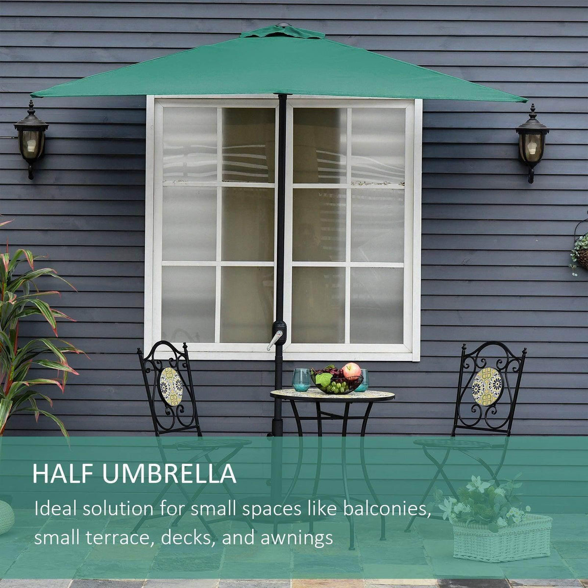 Green half parasol umbrella with vented canopy and vertical support pole