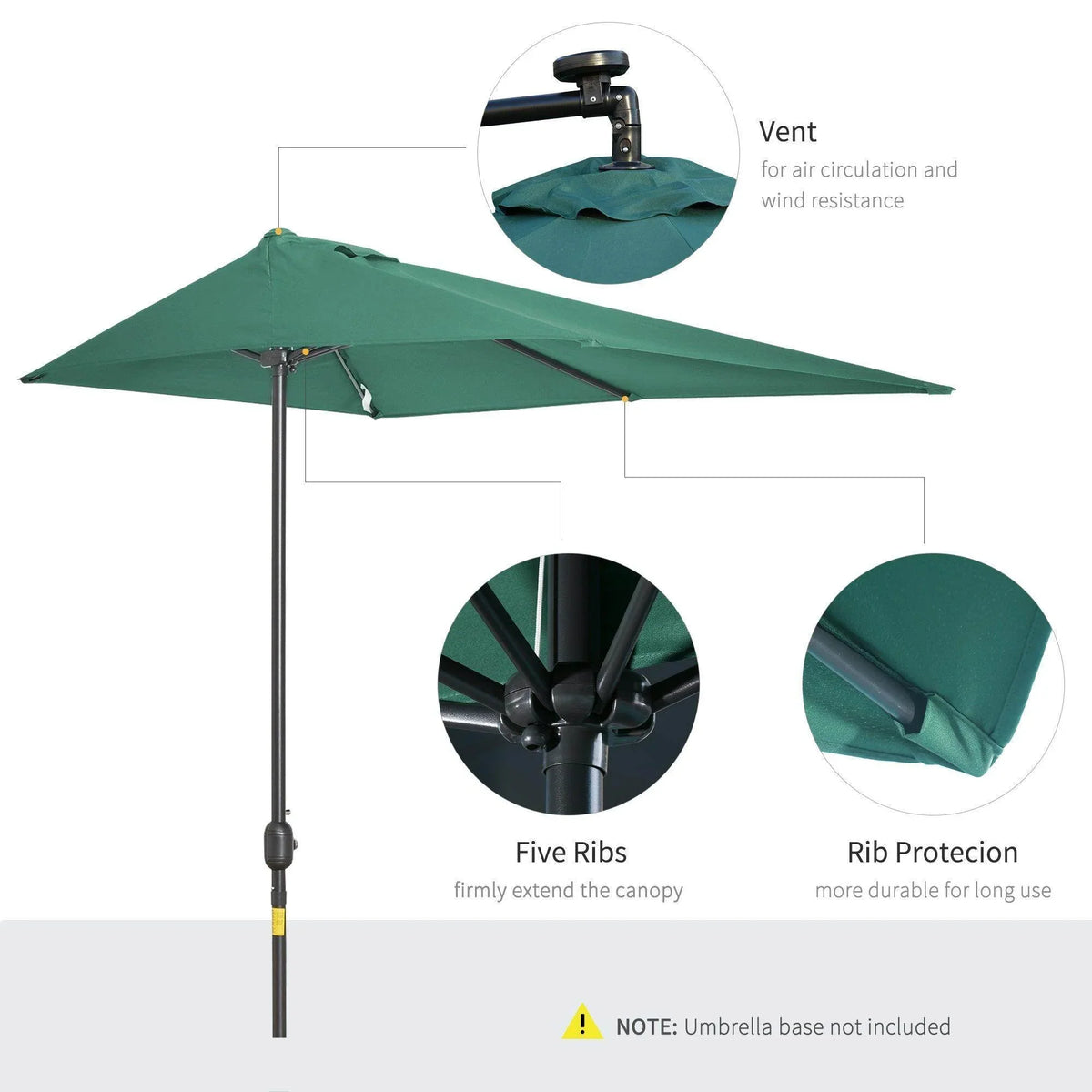 Green half parasol umbrella with vented canopy, five ribs, and rib protection
