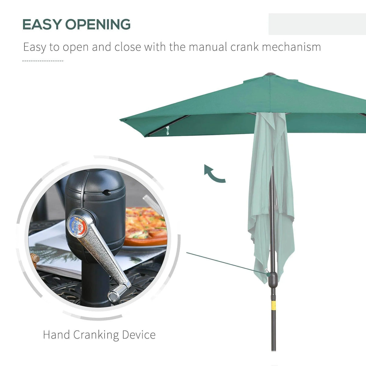 Green half parasol umbrella with manual crank handle and hanging curtain panel