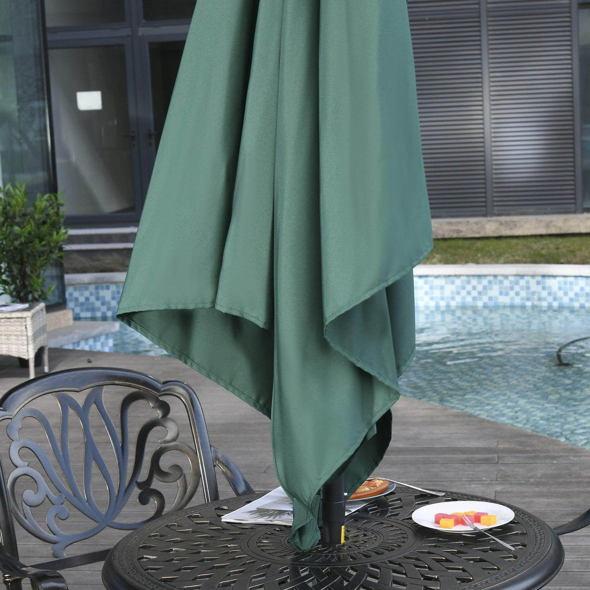 Green half parasol umbrella canopy with draped valance for outdoor shade