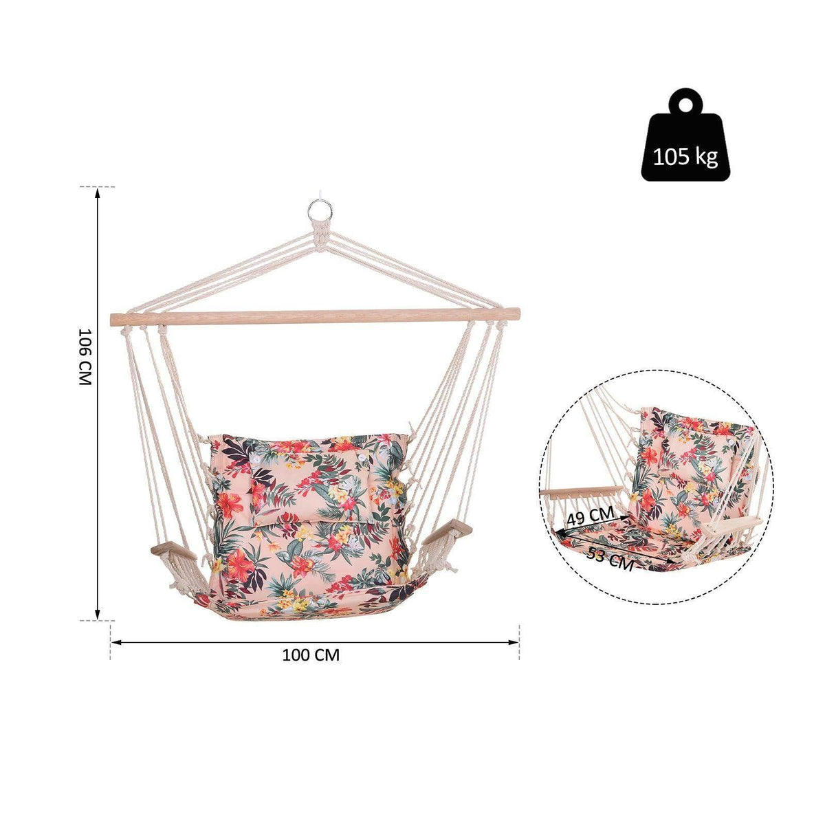 Floral hammock chair with padded cushion, suspended by rope net and wooden frame