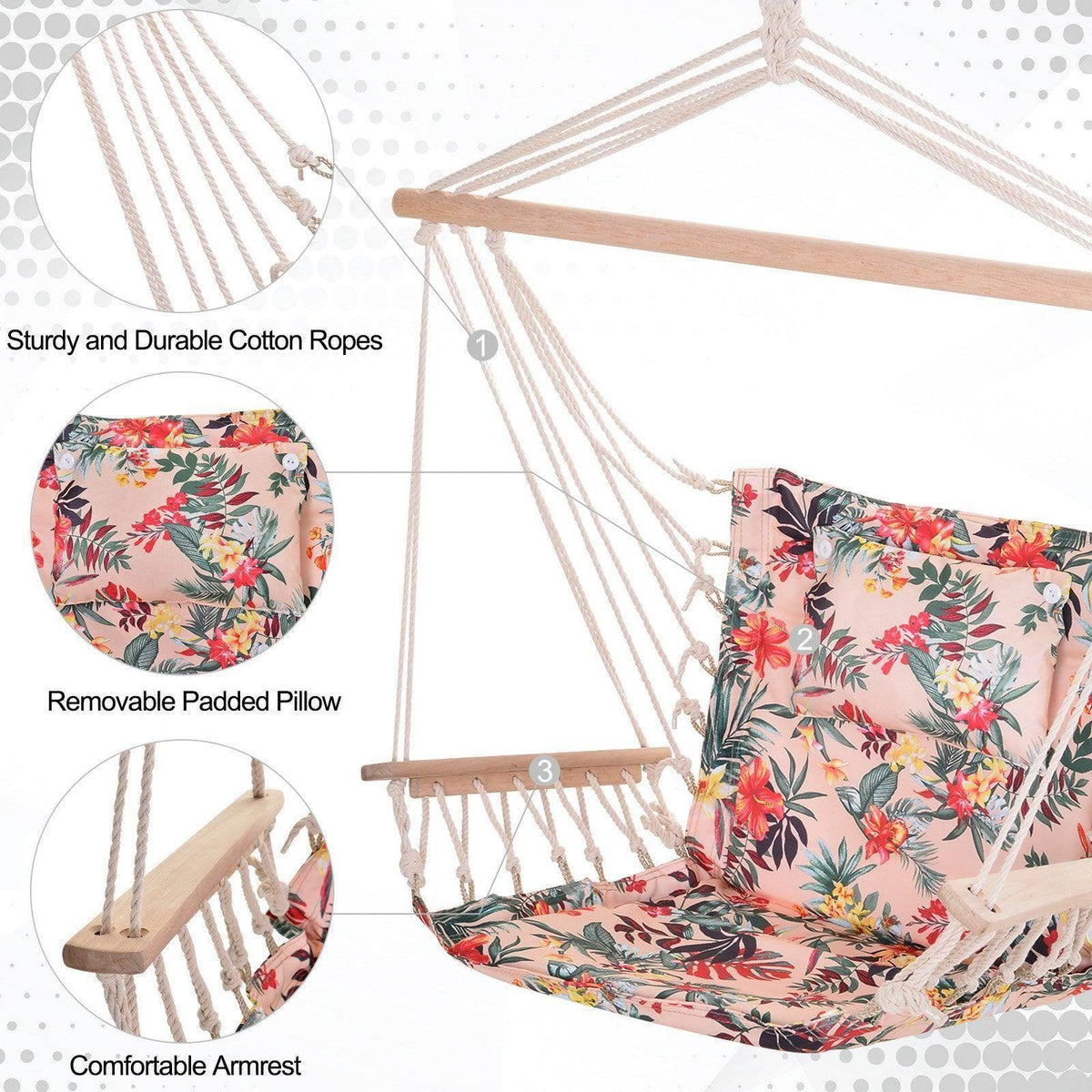 Floral hammock chair with removable padded pillow and cushioned armrests