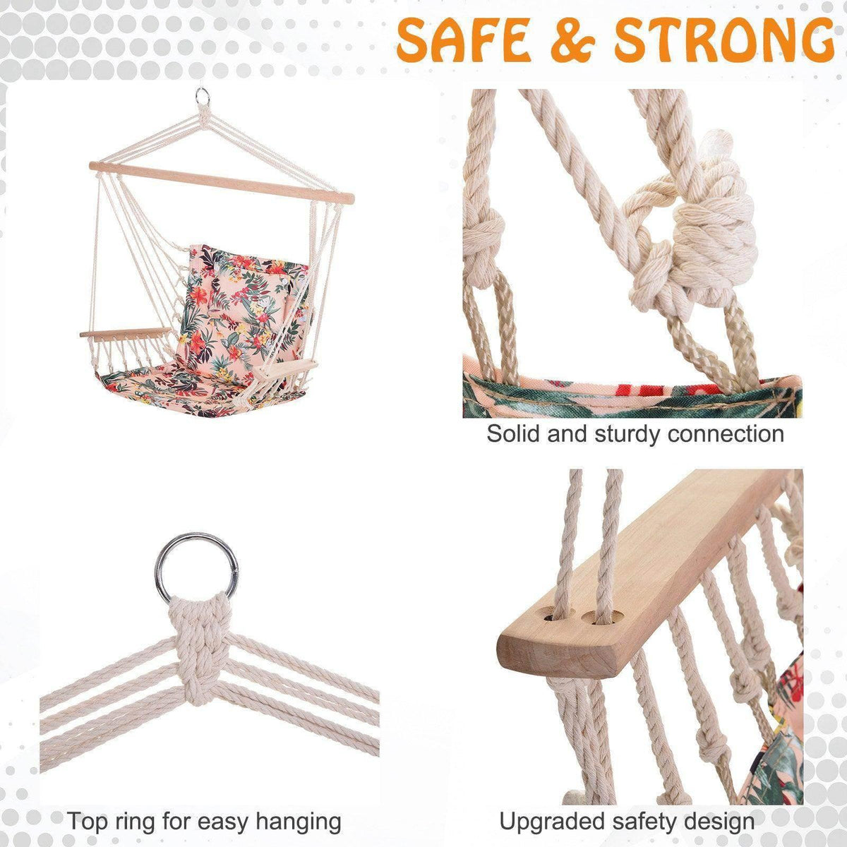 Hammock chair with floral cushion and thick rope support connections