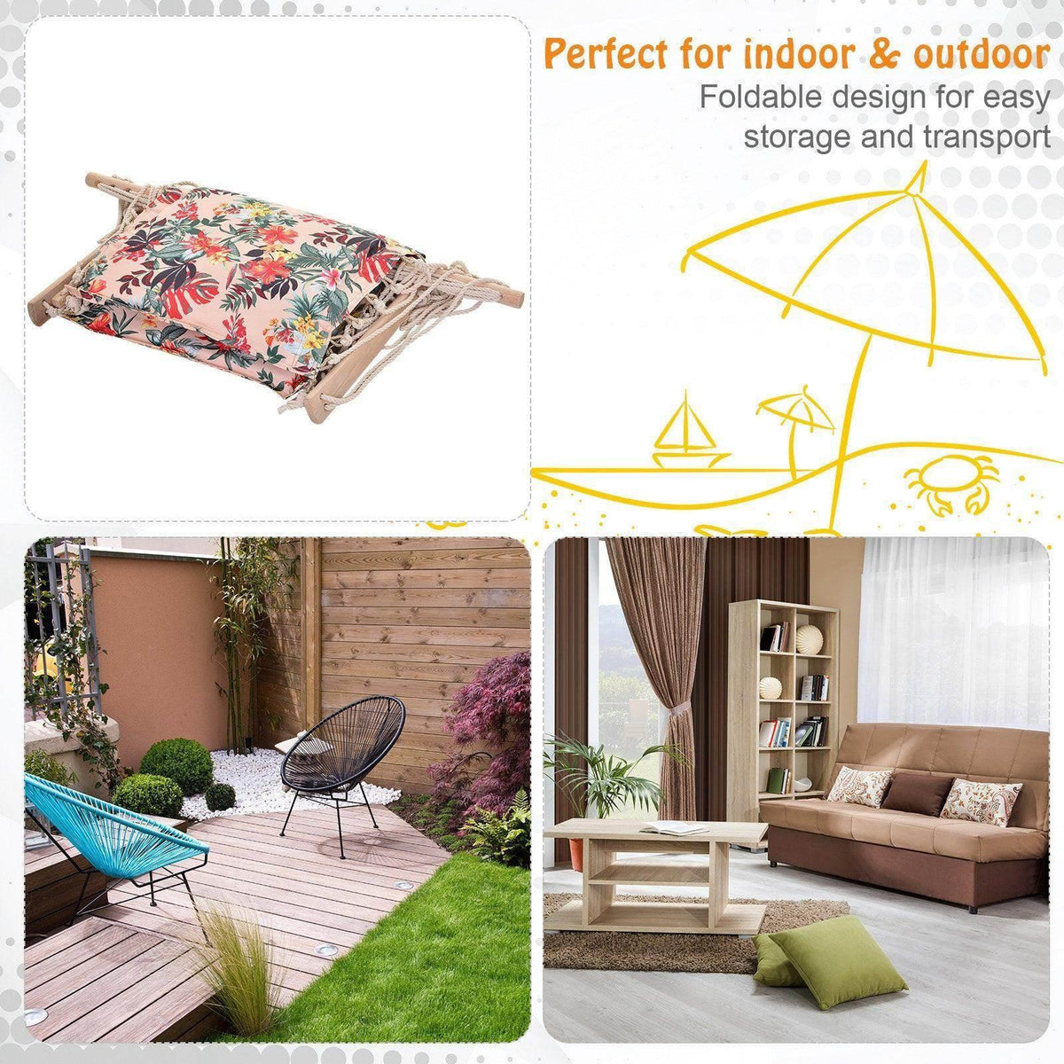 Folded floral hammock chair with padded pillow and rope suspension