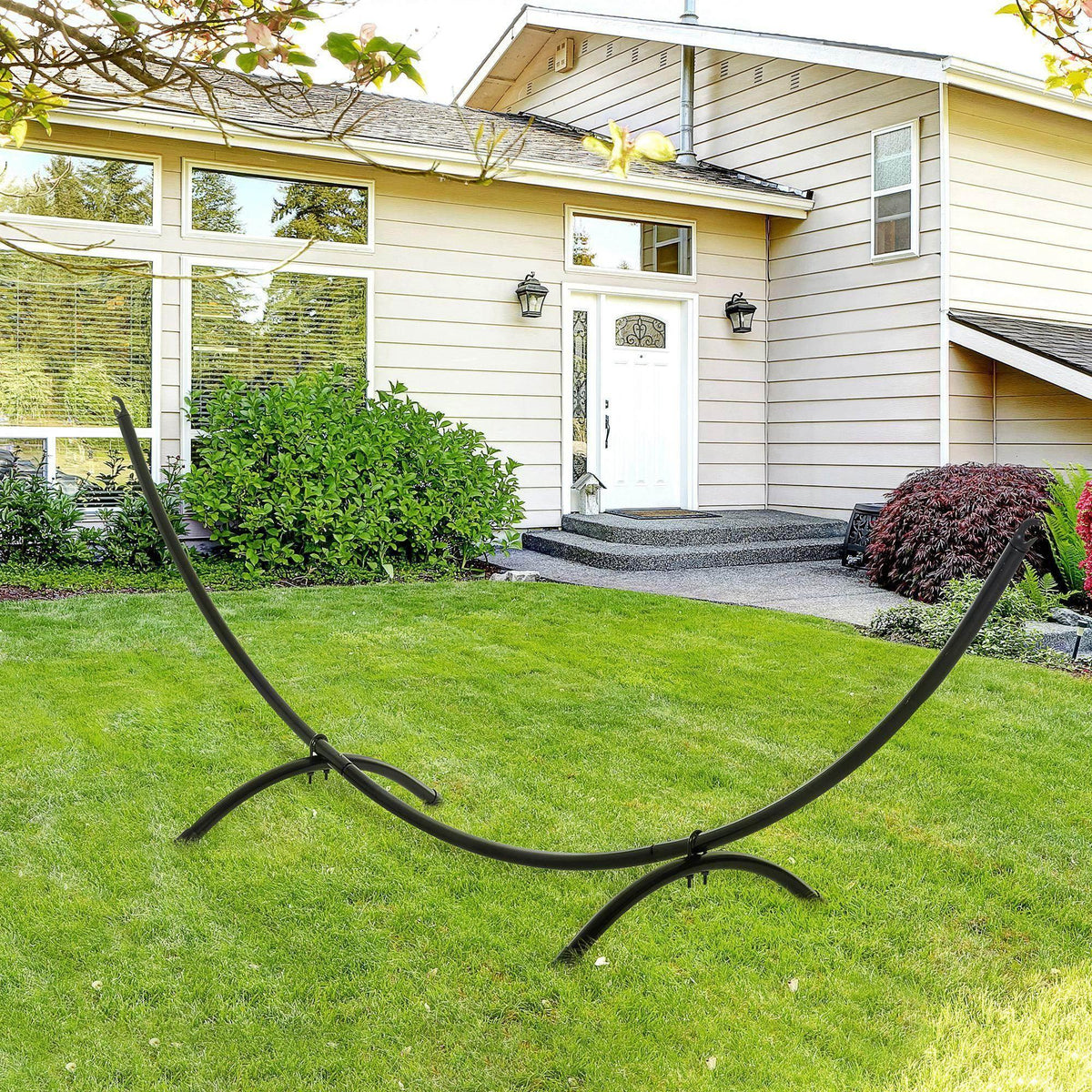 Black metal hammock stand with two arched legs and U-style end hooks