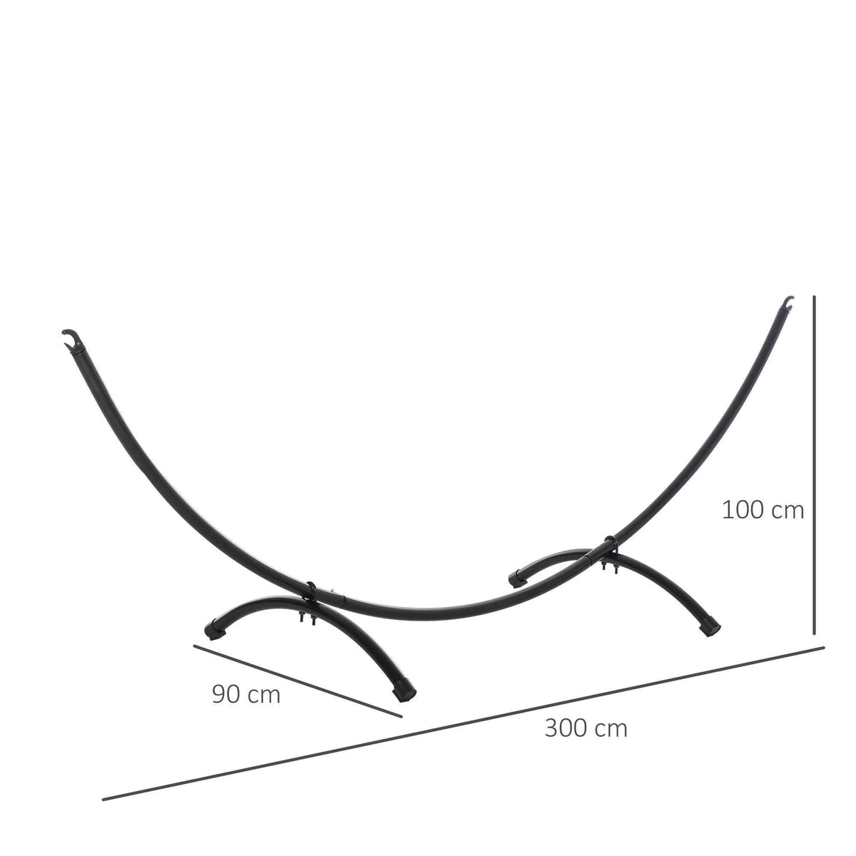 Black metal hammock stand frame with 300 cm span and curved hook arms