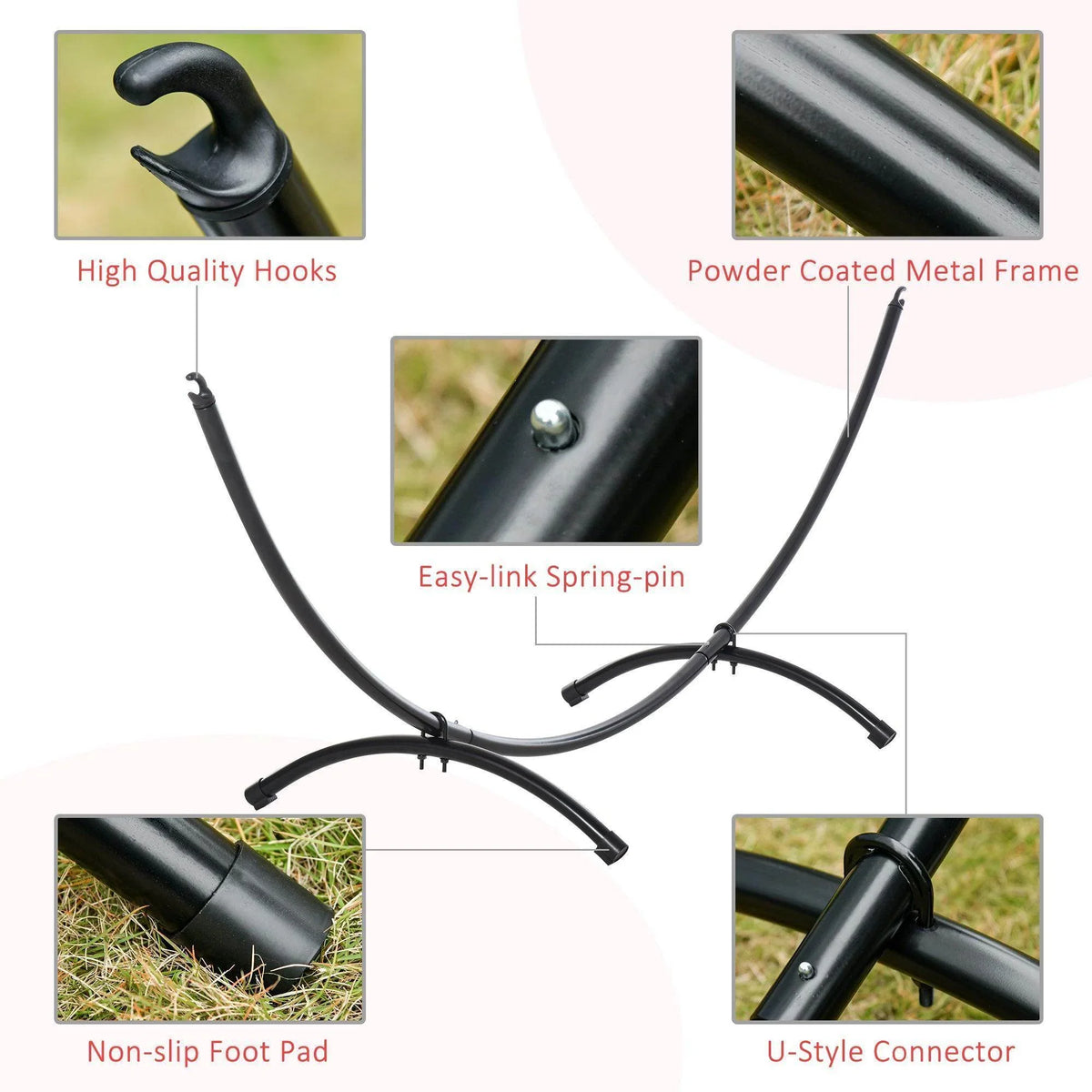 Black powder-coated hammock stand with spring-pin connectors and non-slip foot pads