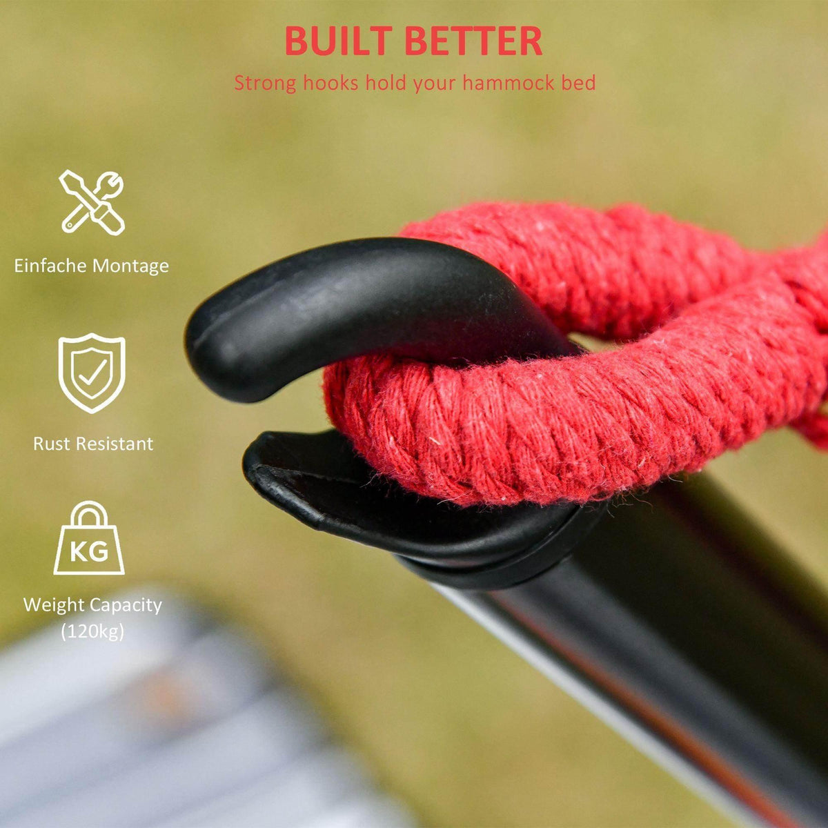 Black hammock stand hooks with rust-resistant, non-slip grip and spring-pin pins