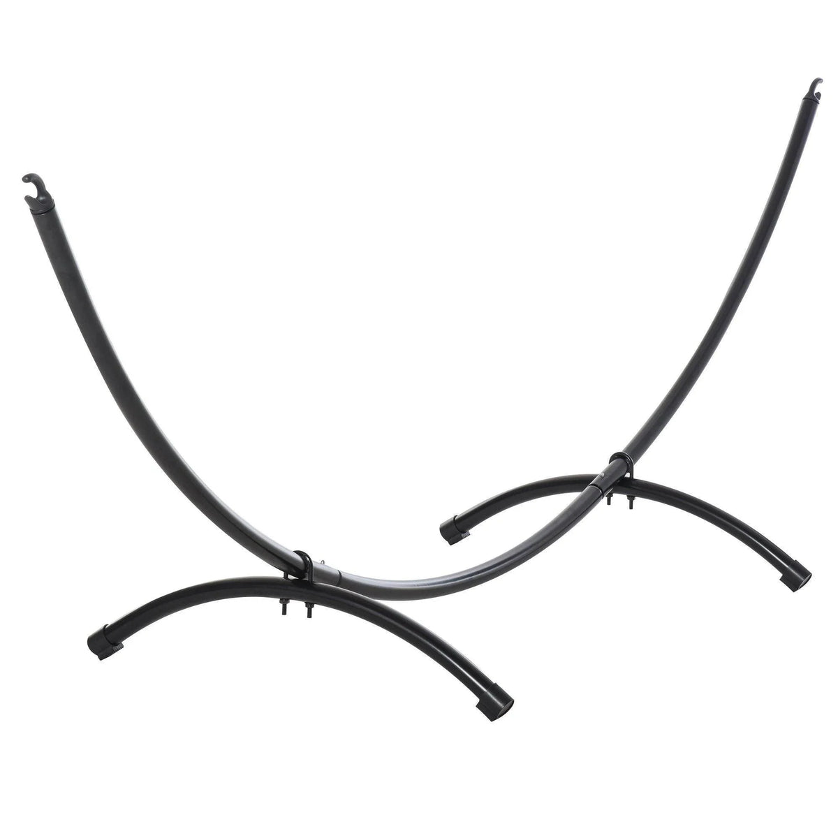 Black metal hammock stand frame with U-style connector and curved end hooks