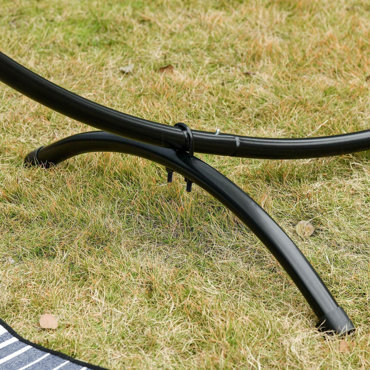 Black hammock stand leg with non-slip rubber pad and spring-pin joint