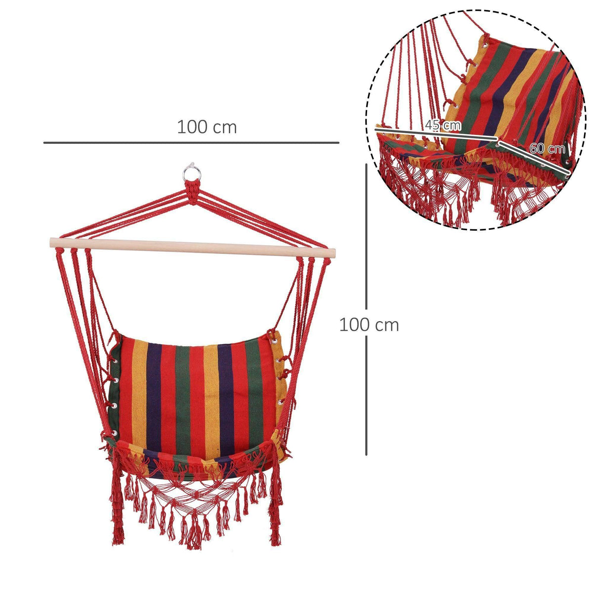 Colorful striped hanging hammock chair with fringe hem and red rope frame.