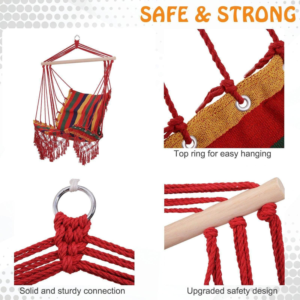 Hanging hammock chair with multicolor striped fabric, red ropes, and metal hanging ring.