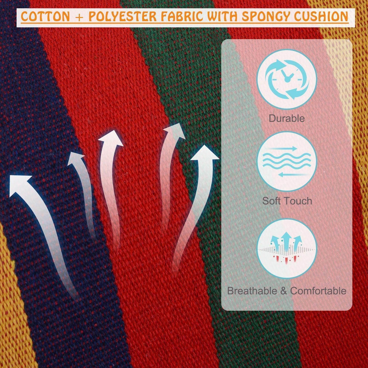 Colorful striped hammock cushion fabric in red, green, yellow, and dark blue.